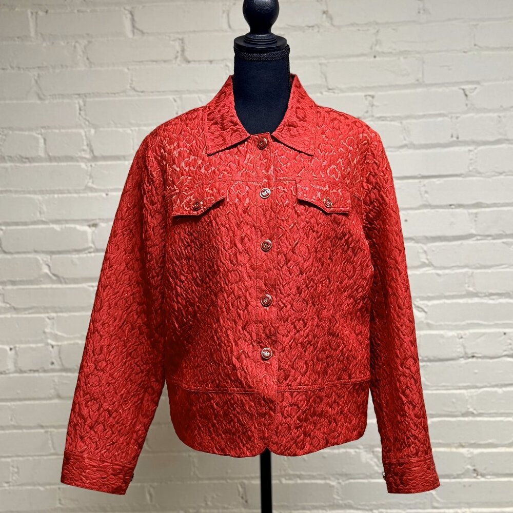 Laura Ashley vintage satin jacquard textured 80s style jacket in red size XL